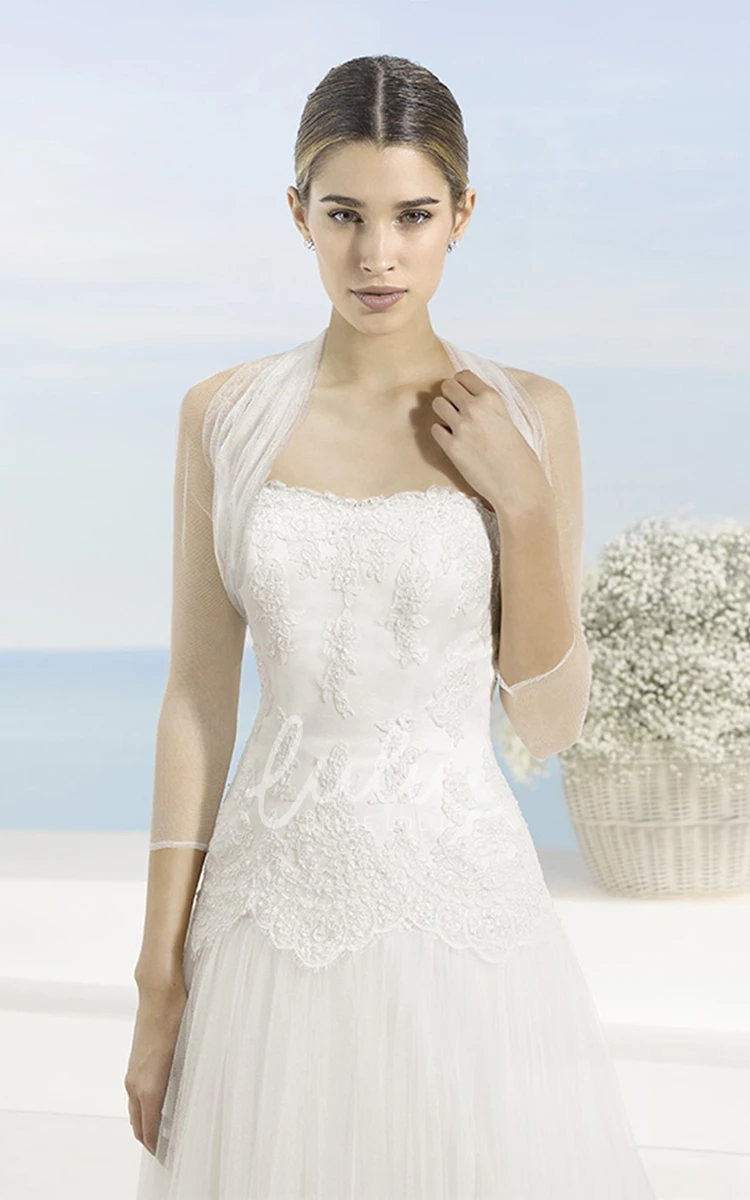 Appliqued A-Line Tulle Wedding Dress with Cape Strapless & Elegant