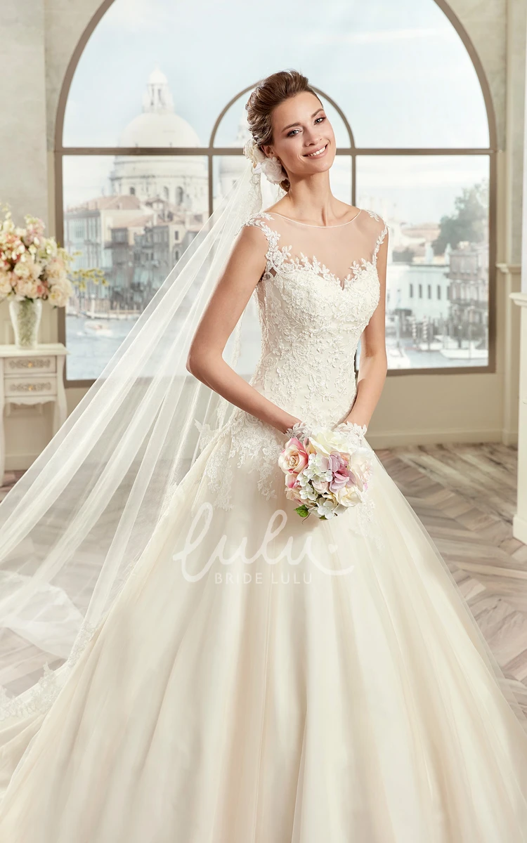 Classic Brush Train Cap Sleeve A-line Wedding Dress