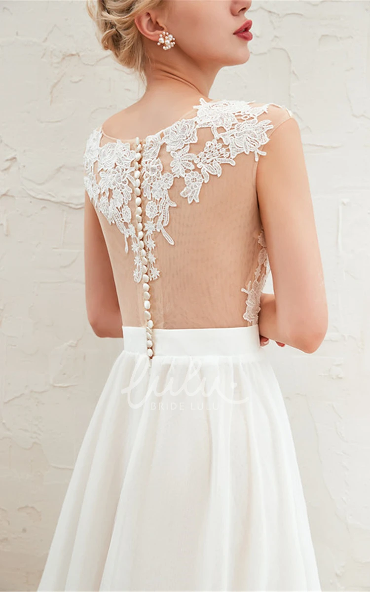 Illusion Cap Sleeve A-line Chiffon Bridal Gown with Lace Appliques