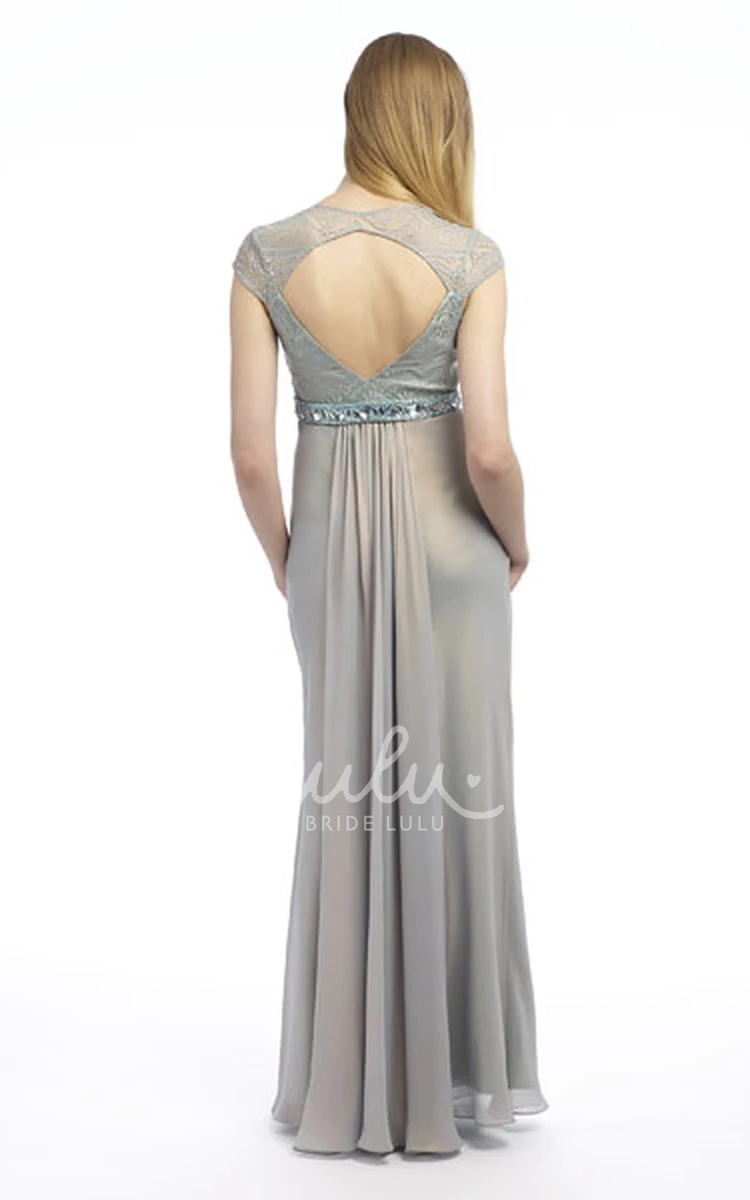 Floor-Length V-Neck Chiffon Prom Dress with Lace and Ruching Cap-Sleeve Jeweled