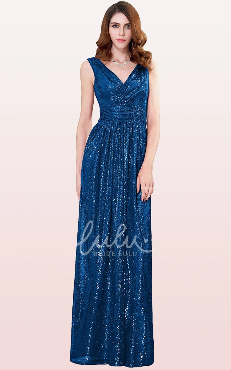 V-Neck A-Line Sequin Bridesmaid Dress with Ruching Floor-Length