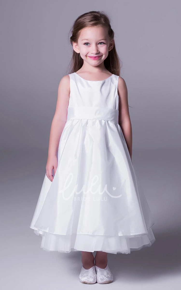 Satin&Tulle A-Line Flower Girl Dress Sleeveless Scoop-Neck Ankle-Length