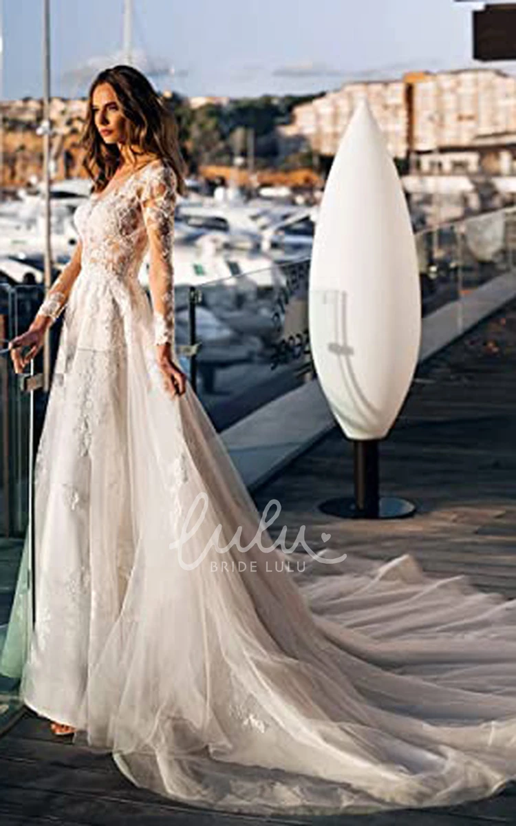 A-Line Lace Wedding Dress with Illusion Sleeves Romantic Wedding Dress for Garden Weddings