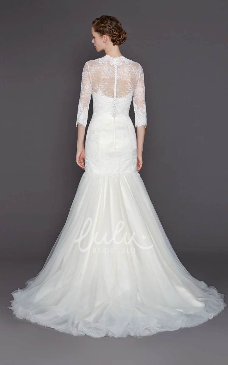 Illusion High Neck A-Line Wedding Dress with Appliques and 3-4 Sleeves