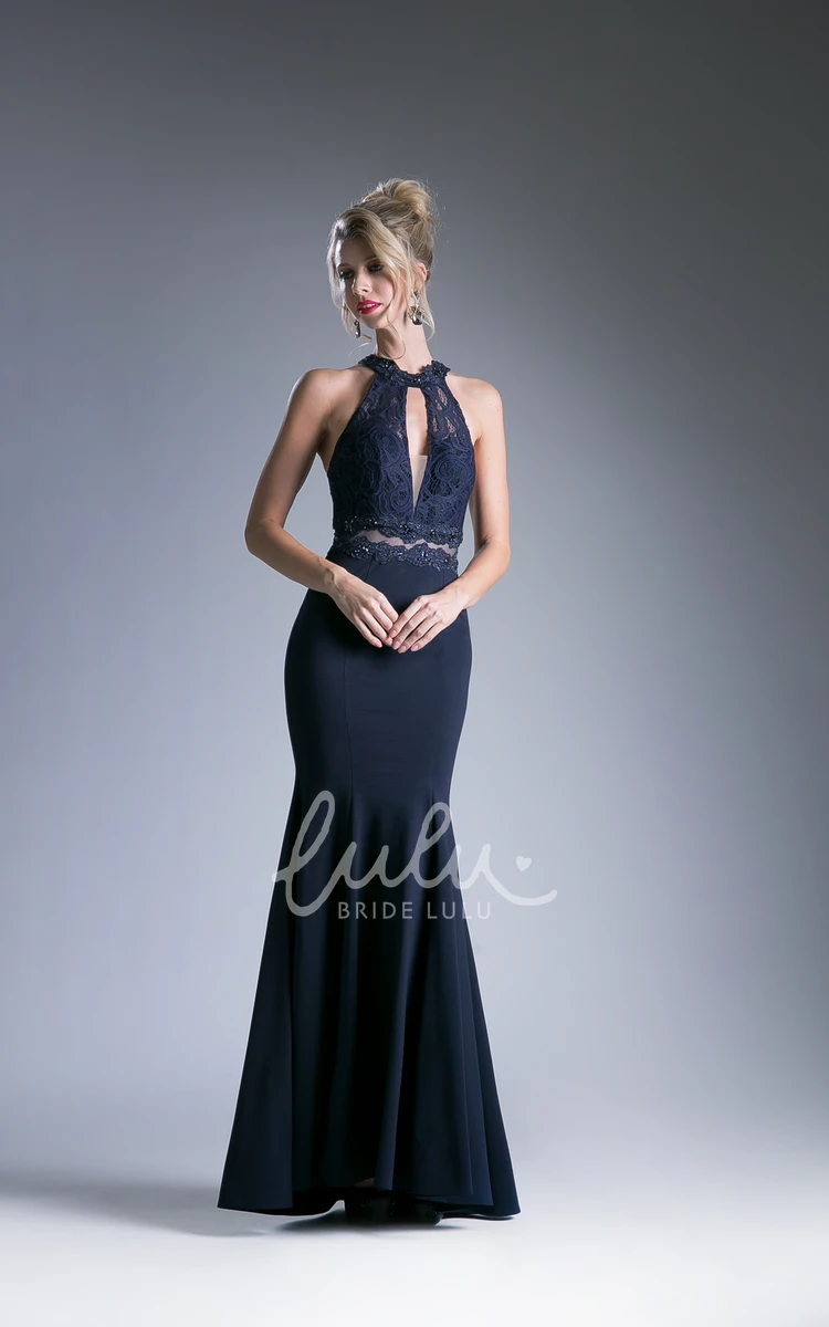 High Neck Sleeveless Maxi Jersey Dress with Lace and Appliques Formal Dress