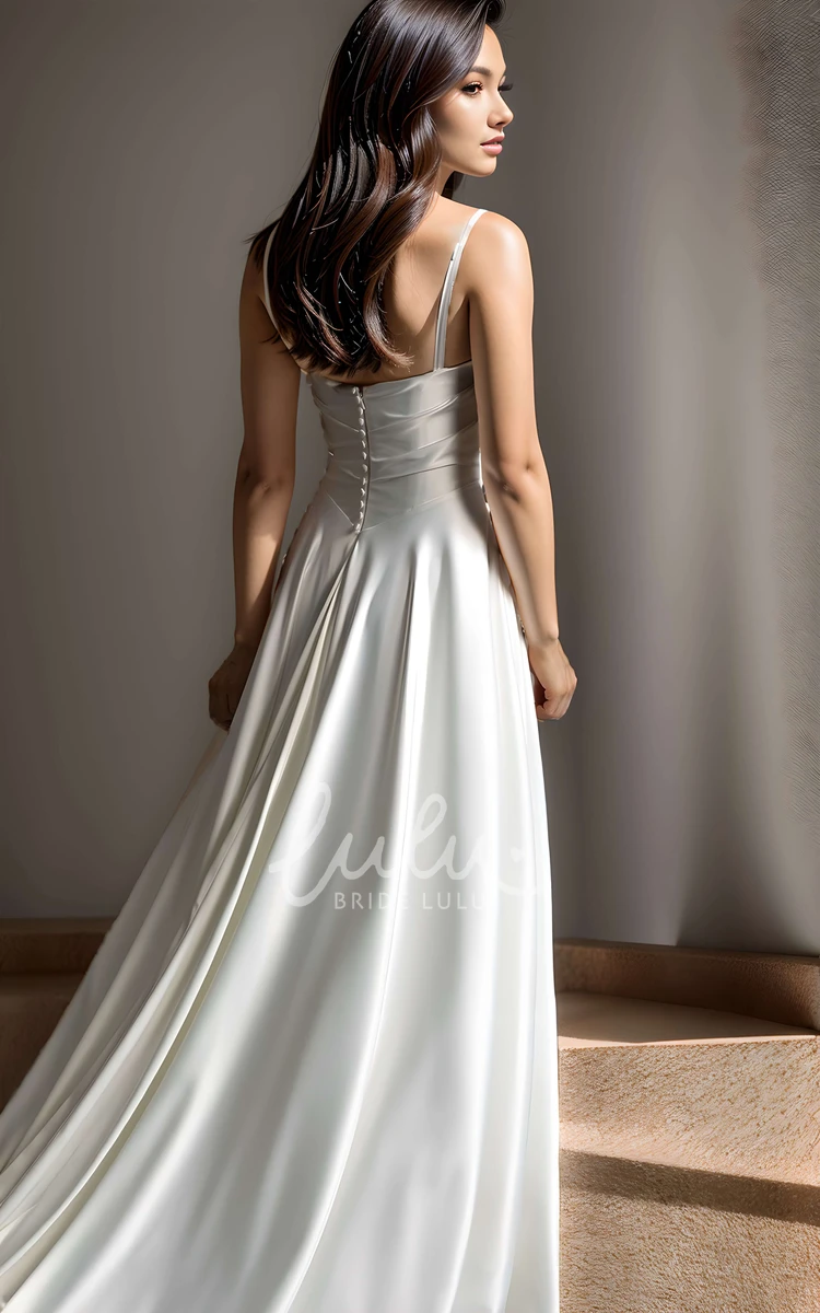 Elegant Solid A-Line Straps Square Neck Ruching Satin Wedding Dress Simple Sexy Beach Floor-length Sleeveless Backless Button Zipper Bridal Gown