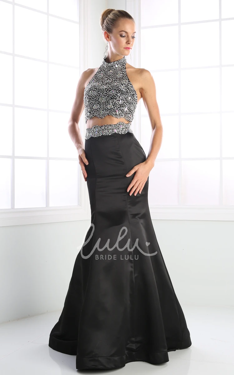 Two-Piece Sleeveless Trumpet Satin Formal Dress with High Neck and Beading