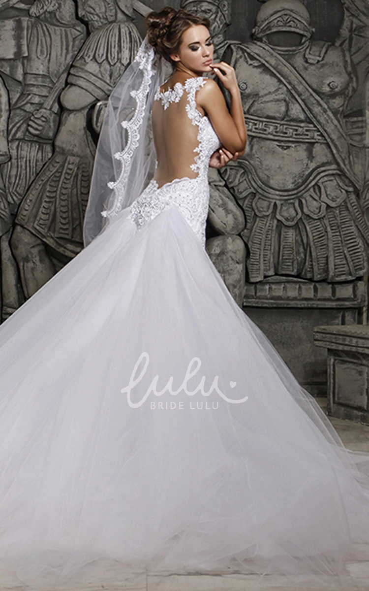 Tulle Lace Mermaid Wedding Dress with Veil Unique Bridal Gown