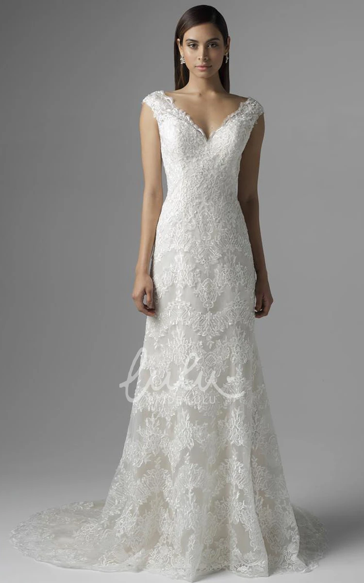 Sleeveless V-Neck Lace Wedding Dress with Deep-V Back Modern Lace Wedding Dress