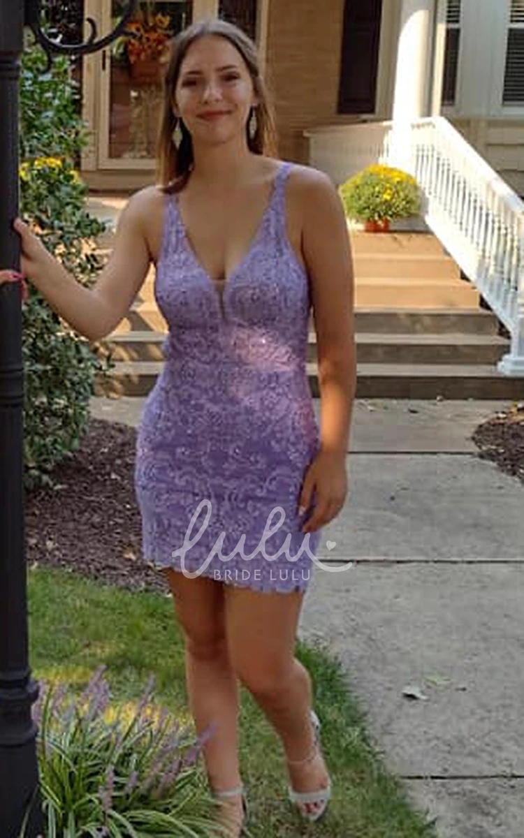 Casual Lace Bodycon Homecoming Dress with Plunging Neckline and Sweep Train