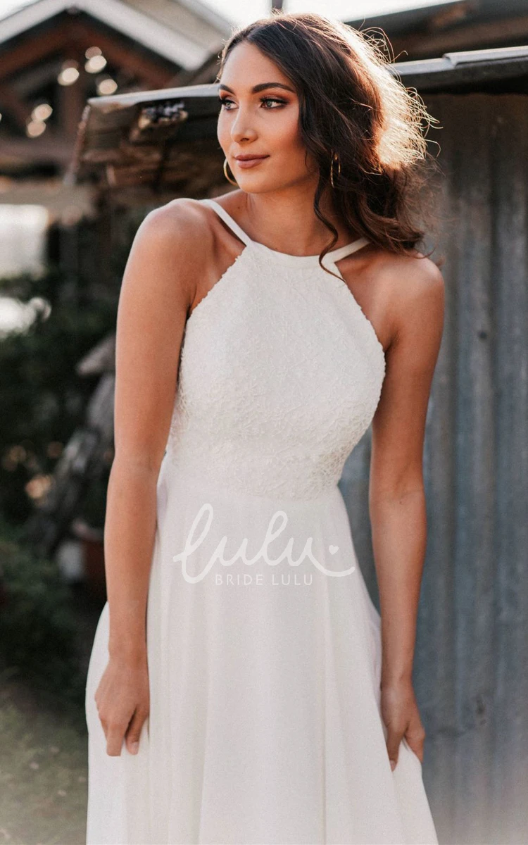 Lace Chiffon A Line Wedding Dress with Open Back Sexy and Halter