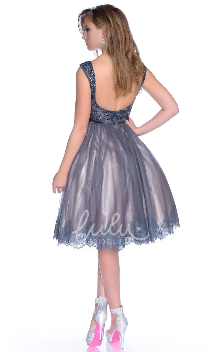 Beaded V-Neck Sleeveless Formal Dress with Bow Sash and Deep-U Back