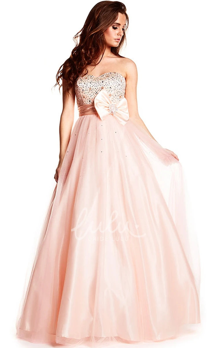 Maxi A-Line Tulle and Satin Prom Dress with Beaded Bodice and Strapless Design