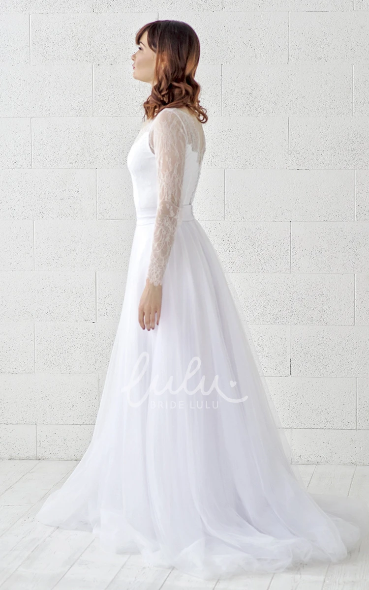 Illusion Lace Scalloped Tulle Wedding Dress with Button Back and Long Sleeves Modern Wedding Dress