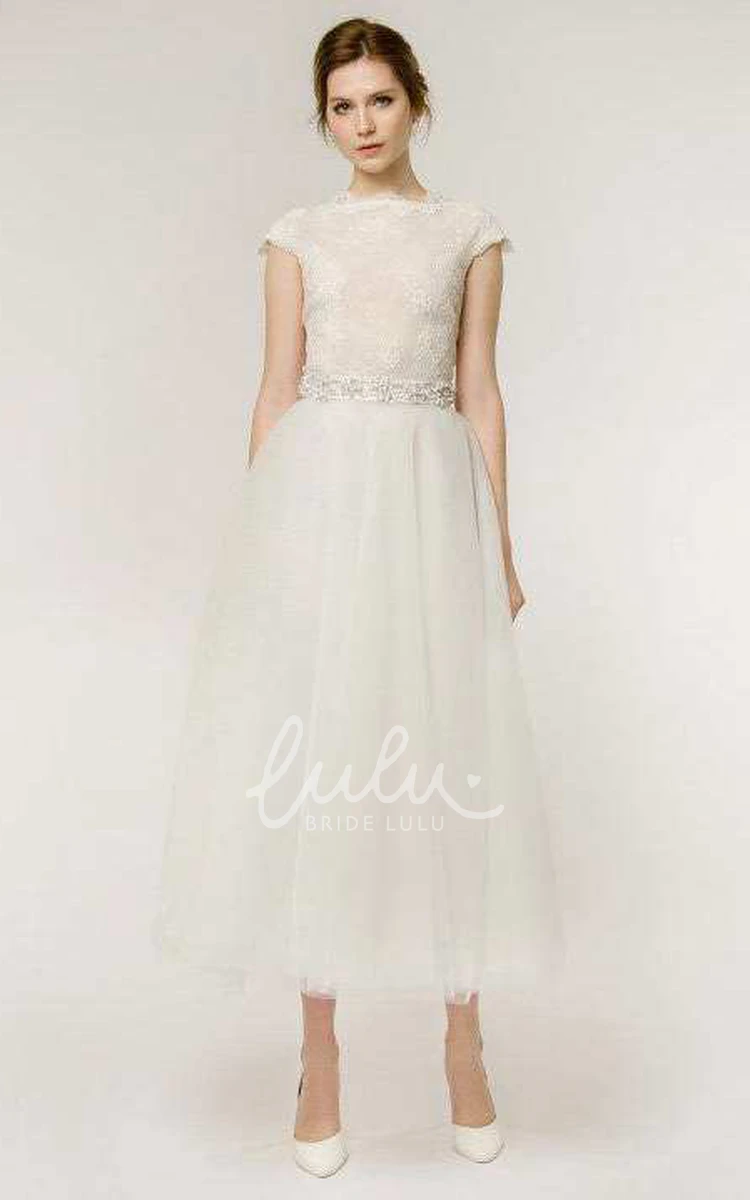 Cap Sleeve Tea-Length Lace Tulle A-Line Wedding Dress