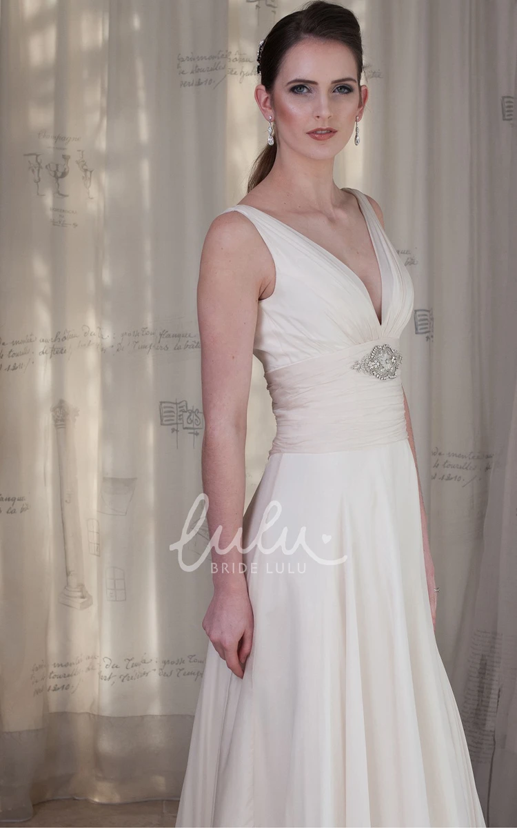 Sheath Sleeveless Ruched V-Neck Wedding Dress with Waist Jewelry Elegant Floor-Length Bridal Gown