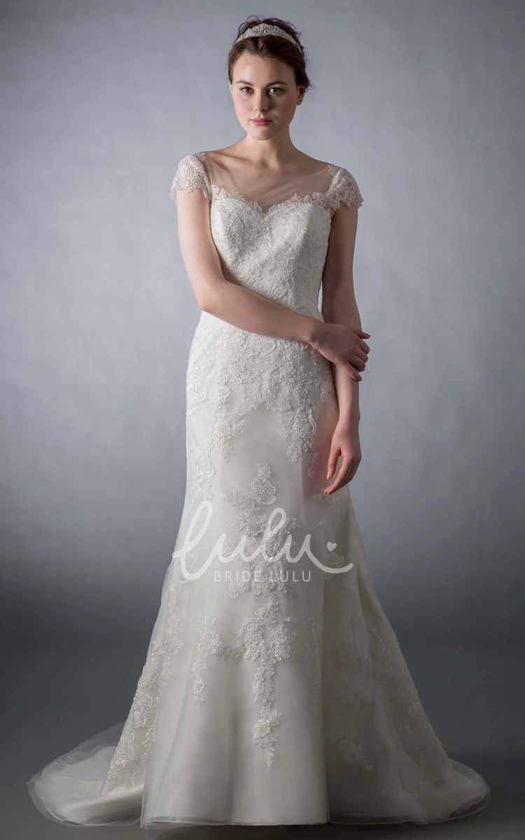 Mermaid Appliqued Tulle Wedding Dress Cap Sleeve Bateau Neck