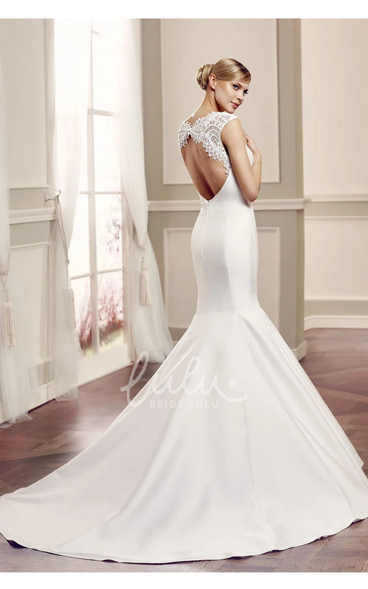 Cap-Sleeve Lace Satin Wedding Dress with Keyhole and Court Train Scoop Neck