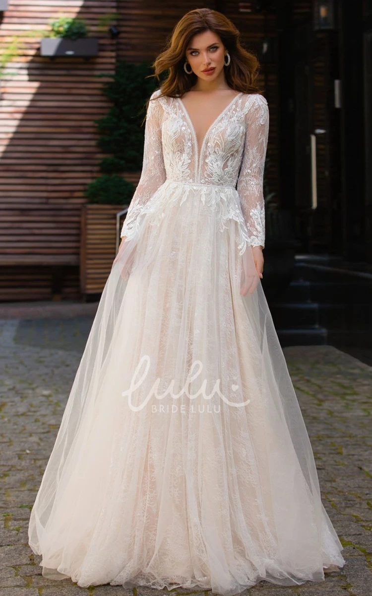 A Line Tulle Plunging Neck Wedding Dress with Appliques Long Sleeved and Elegant