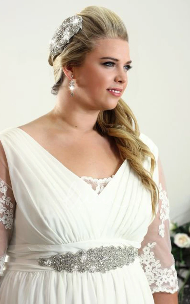 Plus Size Sheath Wedding Dress with Half-Sleeves and Jeweled V-Neckline