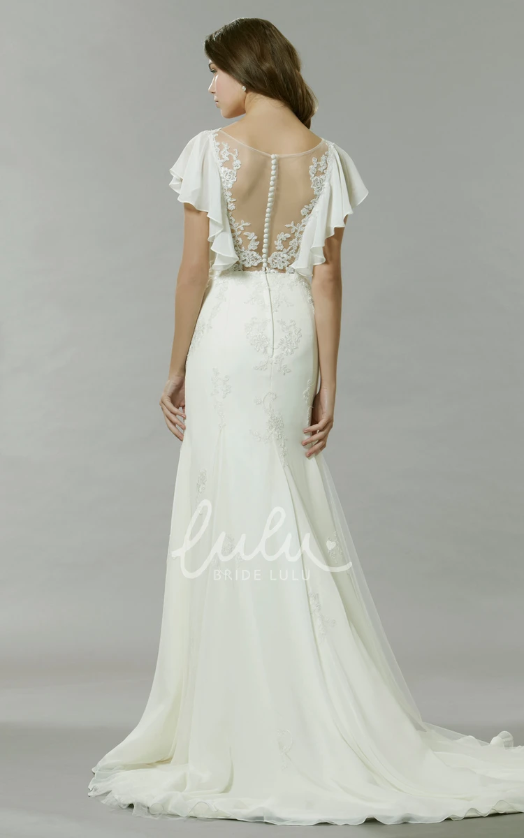 Chiffon Wedding Dress with Poet-Sleeves Bateau-Neck and Illusion Detail