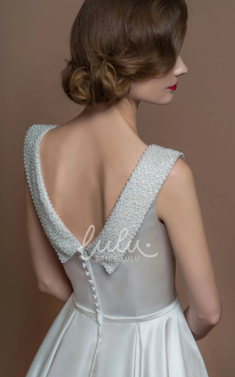 Beaded V-Back Tea-Length Satin Wedding Dress A-Line Scoop-Neck