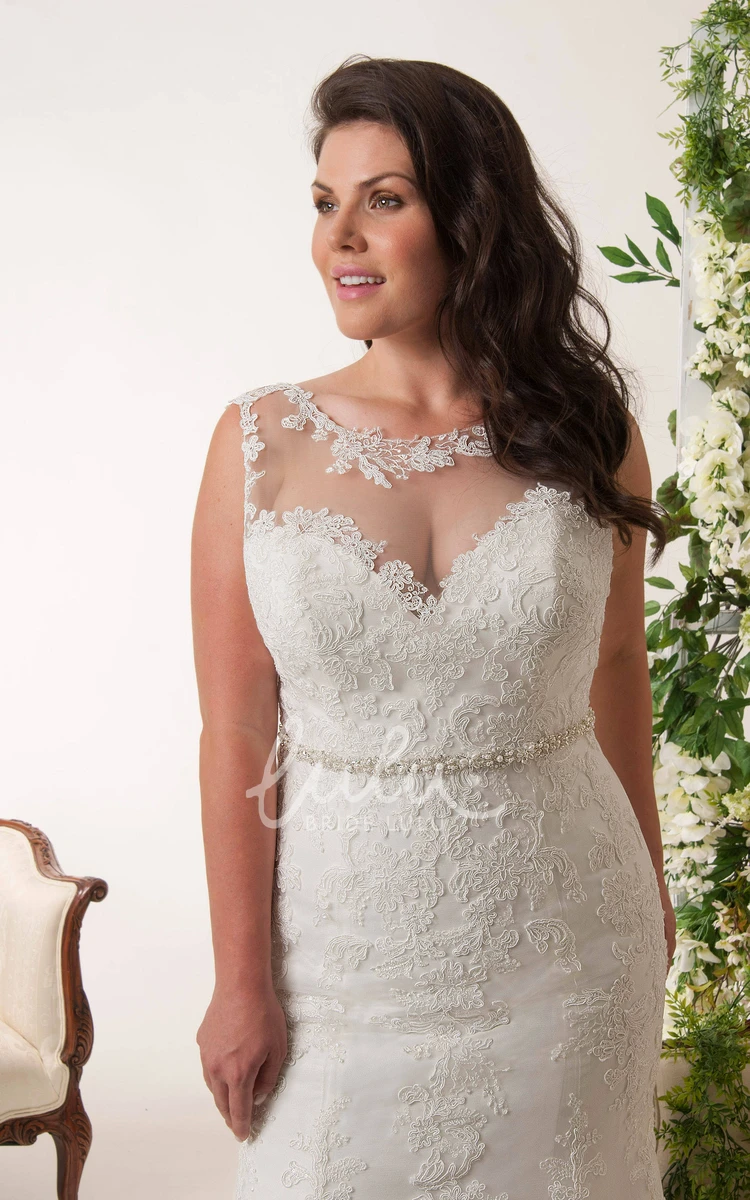 Sheath Scoop-Neck Appliqued Floor-Length Lace Plus Size Wedding Dress Chic Lace Wedding Dress