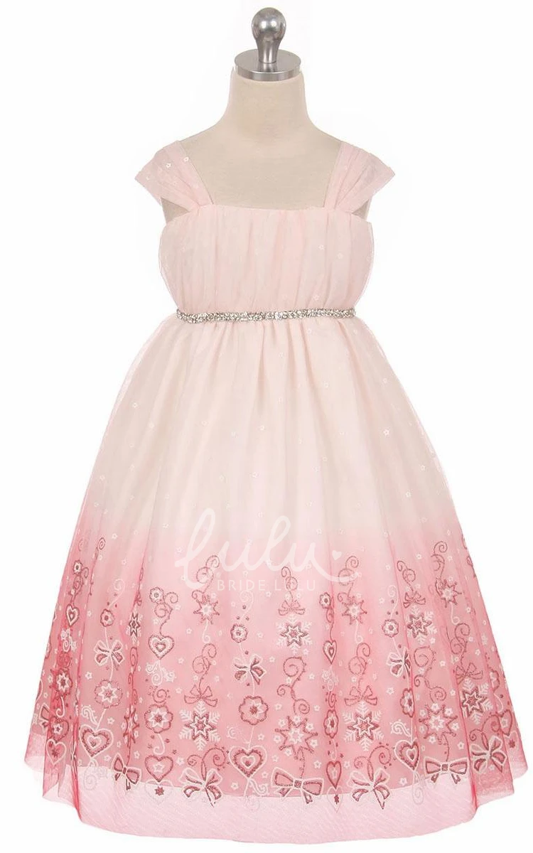 Floral Pleated Tulle Tea-Length Flower Girl Dress with Beading Elegant Bridesmaid Dress