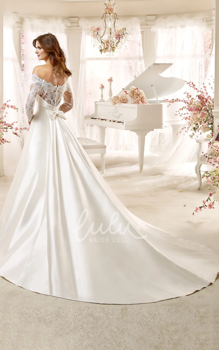 Off-Shoulder Satin A-Line Wedding Dress with Lace Sleeves