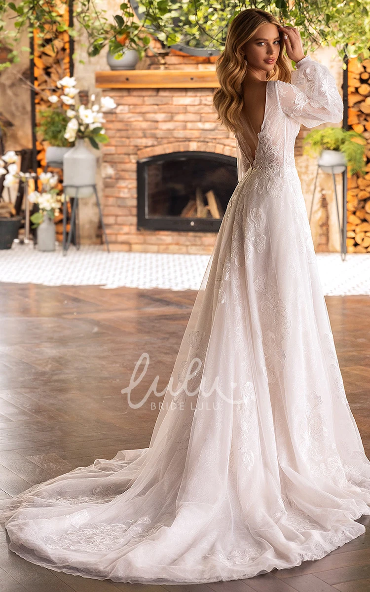 Chiffon A Line Wedding Dress with Court Train and Scalloped Appliques Sexy and Chic