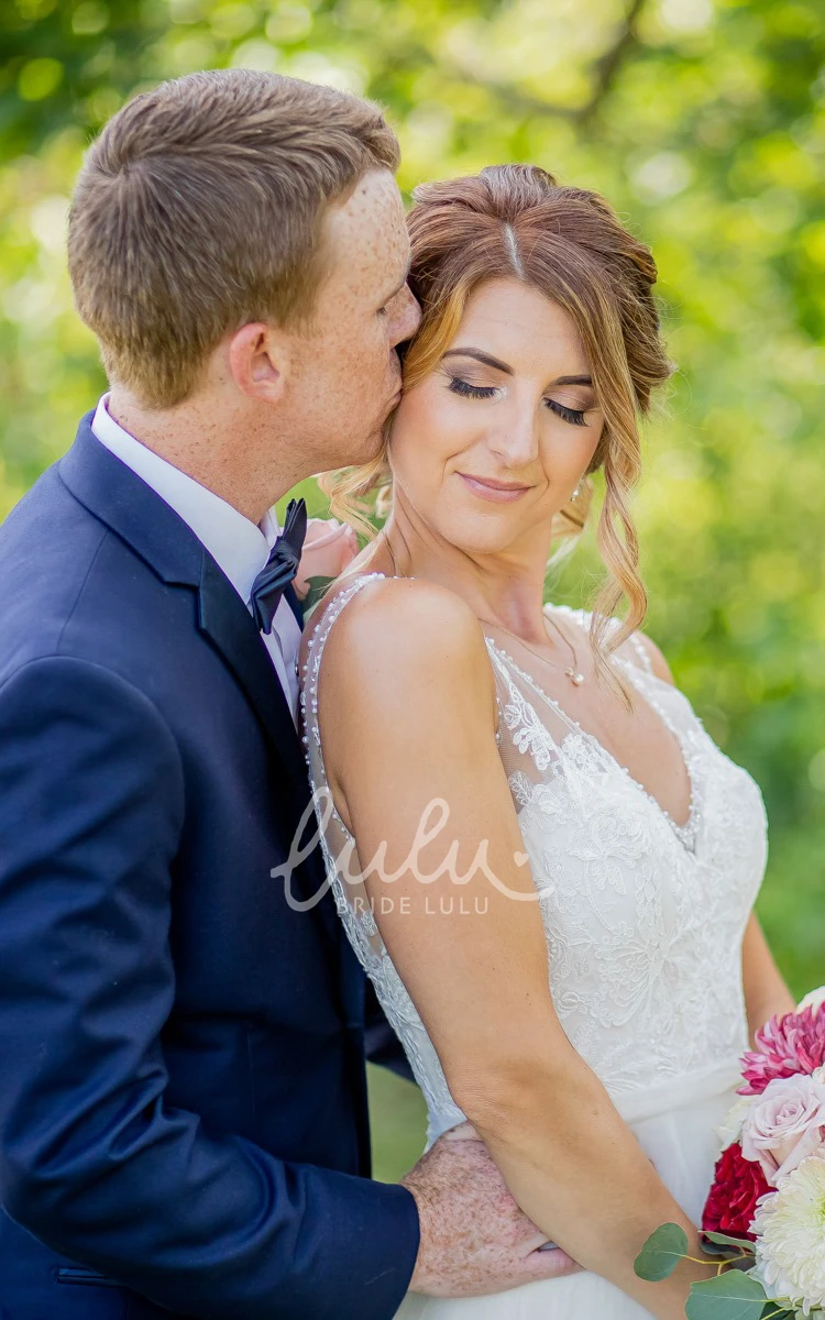 Country A-Line Plunging Neckline Chiffon Spring Wedding Dress With Deep-V Back And Appliques