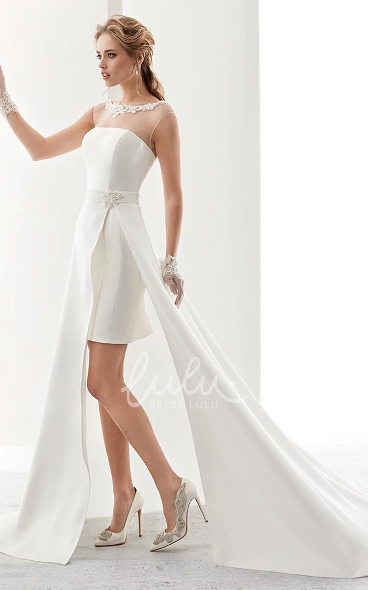 Short Satin Wedding Dress with Illusion Cap Sleeves and Appliques Neckline Modern Bridal Gown