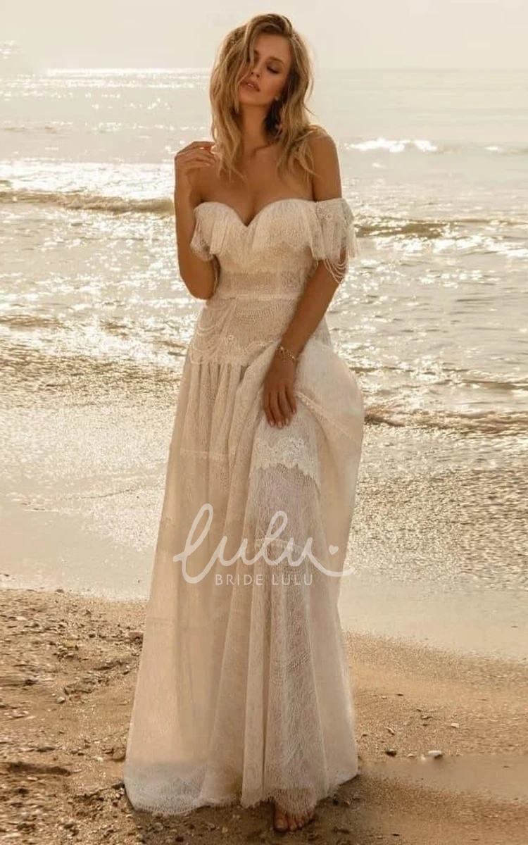 Summer Beach Boho A-Line Off-the-Shoulder Lace Wedding Dress Sexy Elegant Backless Floor Length Country Garden Bridal Gown with Ruffles