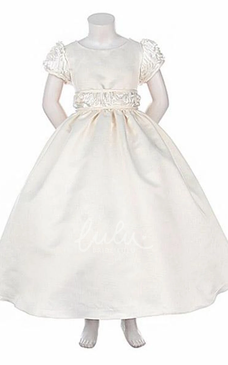 Embroidered Cap-Sleeve Tea-Length Flower Girl Dress with Tiered Skirt