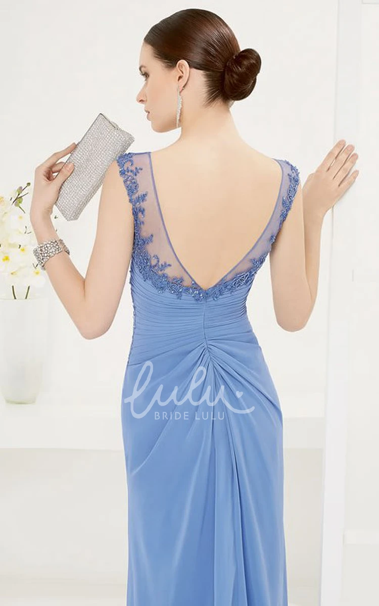 Long Prom Dress with Scoop Neck Appliques and Open Back Elegant Dress