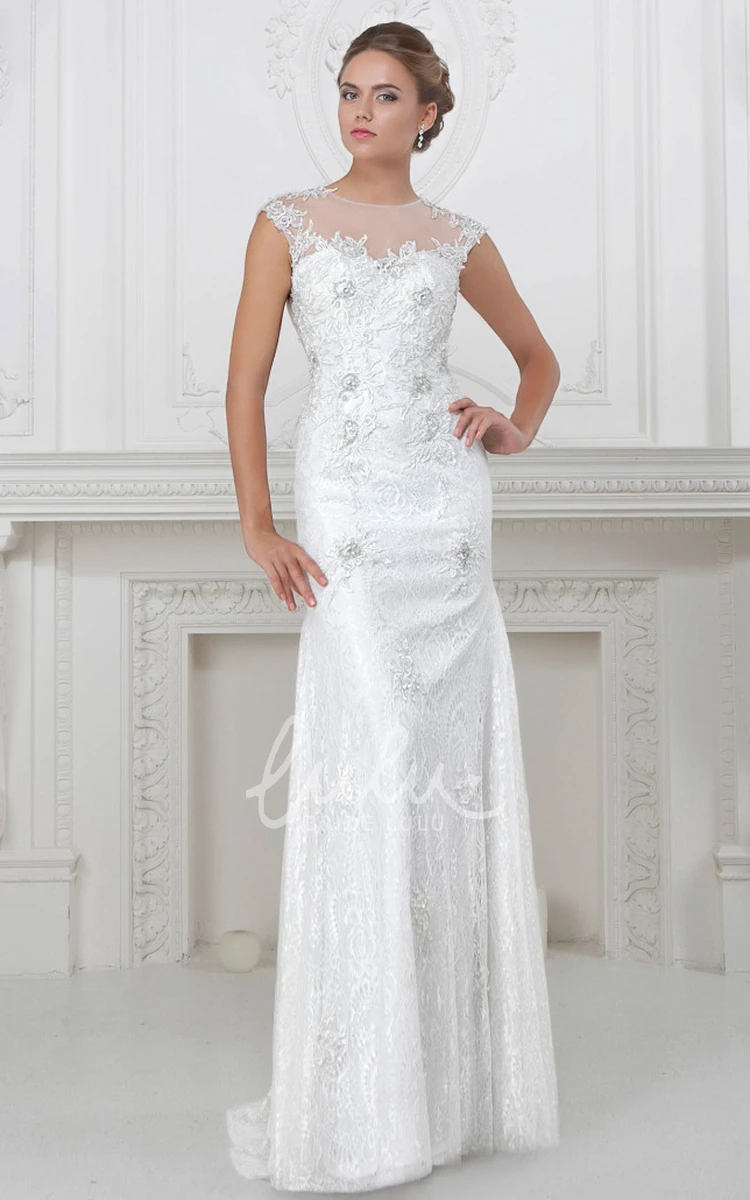 Cap-Sleeve Jewel-Neck Appliqued Lace Sheath Wedding Dress Unique Bridal Gown