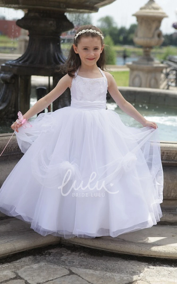 Tulle Flower Girl Ball Gown with Halter Neckline and Floral Detail