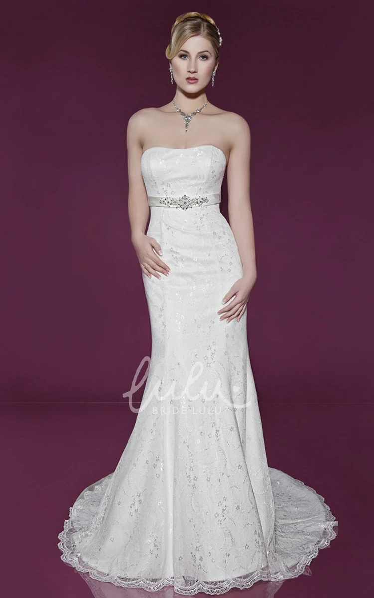 Beaded Lace Wedding Dress with Sweep Train and Strapless Design