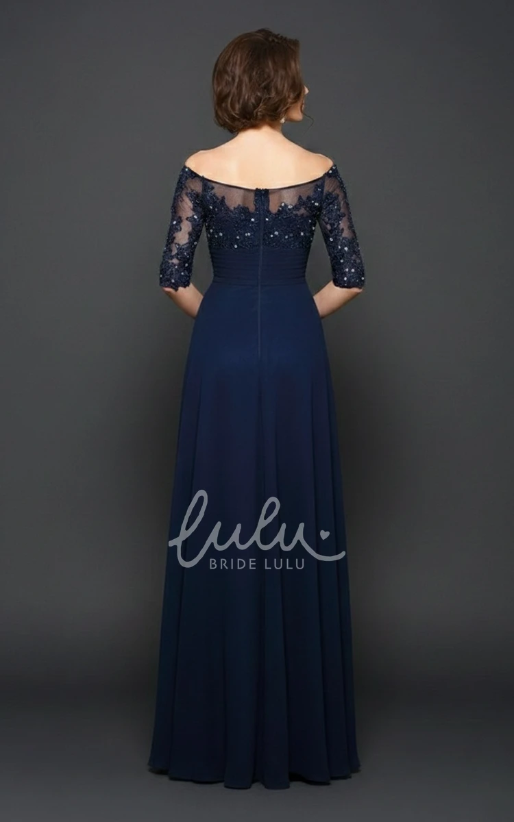 Lace Appliques Elegant A-Line Chiffon Floor-length Off-the-shoulder Half Sleeve Zipper Illusion Back Mother of the Bride Dress
