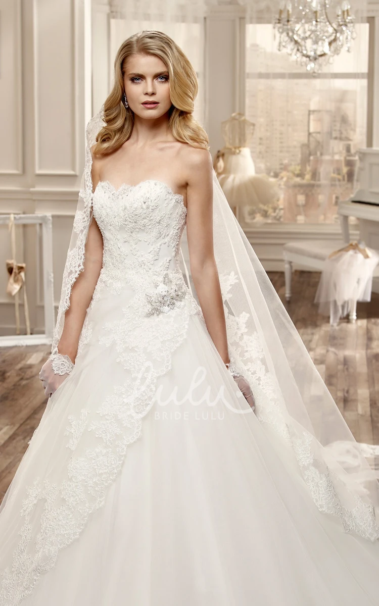 A-Line Lace Side Draping Beaded Wedding Dress Strapless Style