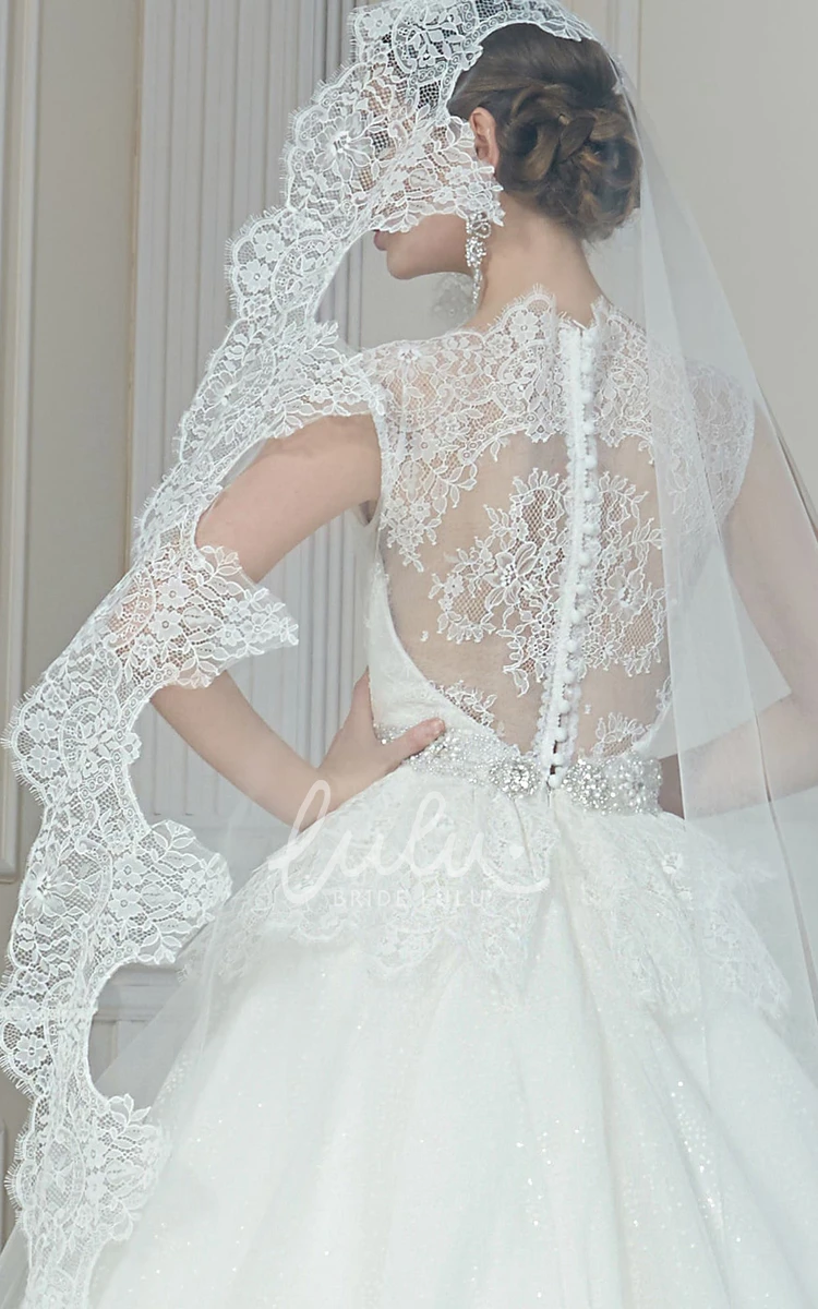 A-Line Tulle Sequin Beaded Wedding Dress with Illusion Neckline