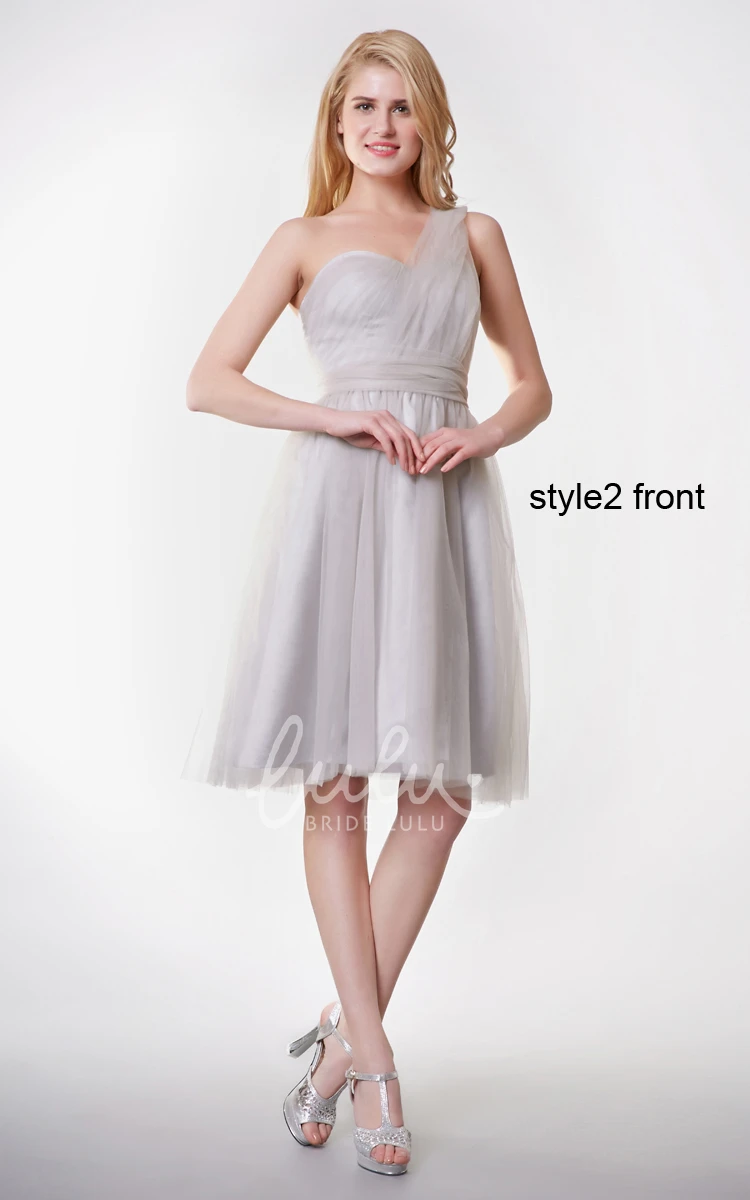 Short Sleeve Tulle Dress with Ruched Belt Pleated A-line