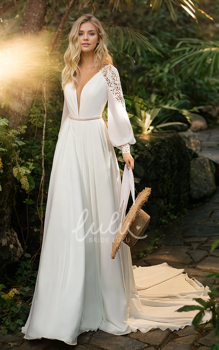 Solid Elegant A-Line Plunging V-neck Chiffon Lace Wedding Dress Vintage Garden Balloon Sleeve Floor-length Bridal Gown with Train Deep-V Back