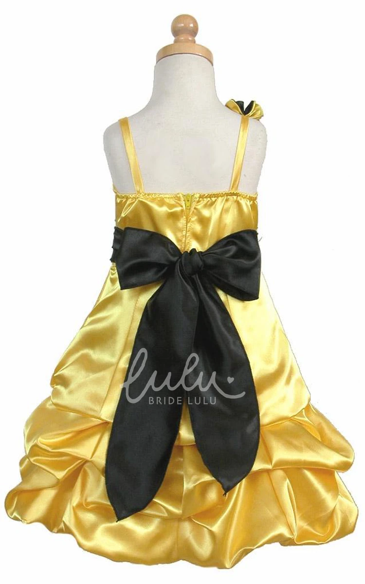 Knee-Length Satin Ruched Flower Girl Dress with Cape and Floral Sash