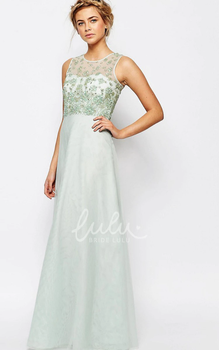 A-Line Beaded Tulle Bridesmaid Dress with Illusion Back and Scoop Neck Simple Country Dress