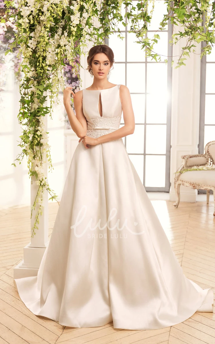 A-Line Satin Floor-Length Sleeveless Wedding Dress with Keyhole