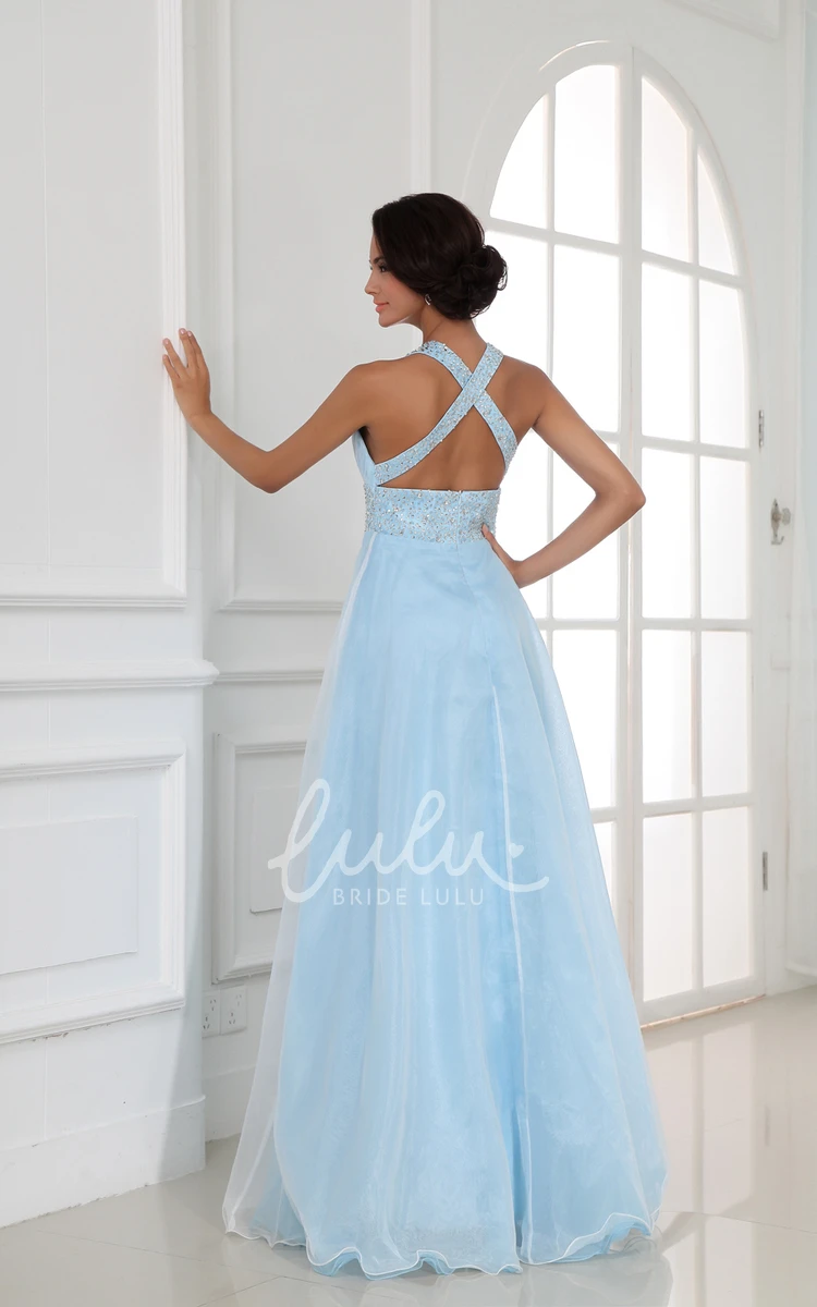 Halter V-Neck A-Line Formal Dress with Sequined Waist Flowy Beach Bridal Gown