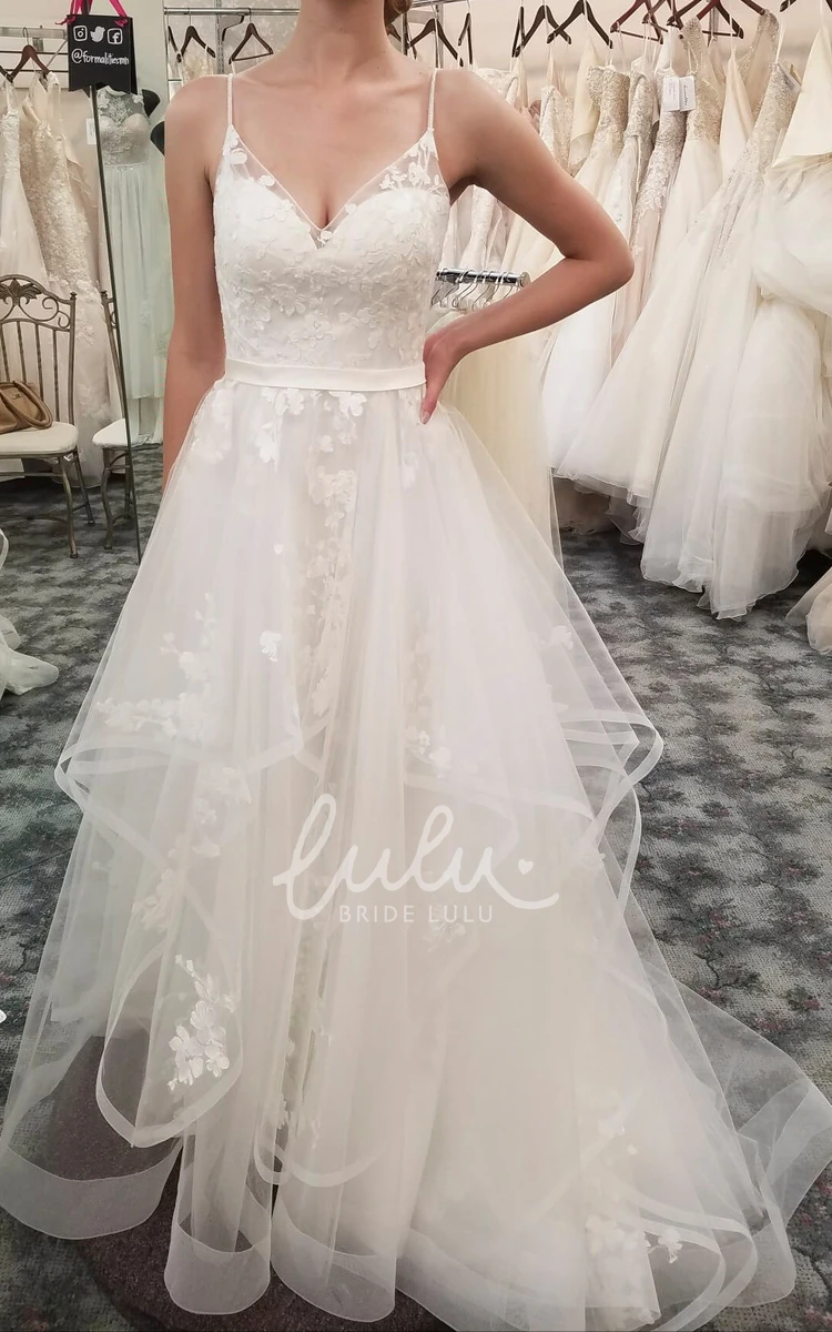 Adorable Sleeveless Tulle Wedding Dress V-neck with Floral Appliques and Ruffles