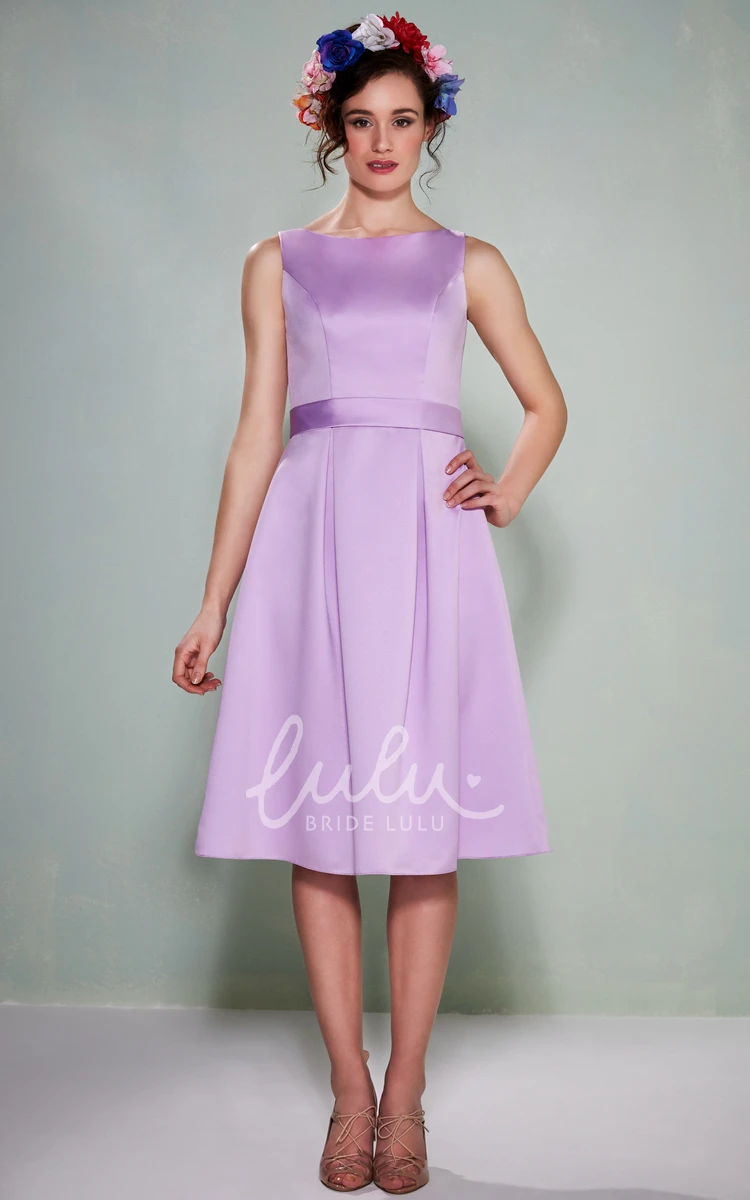 Satin Bridesmaid Dress with Sleeveless Bateau Neck Tea-Length Dress