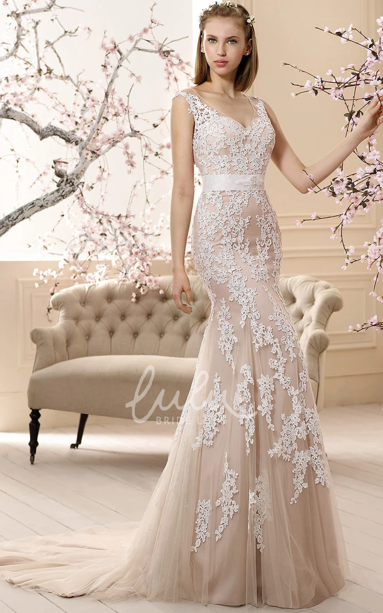 V-Neck Sleeveless Trumpet Lace&Tulle Wedding Dress